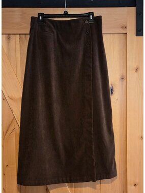 Christopher Banks Womens Size 10 Suede Like Brown Maxi Wrap Skirt 4 Button